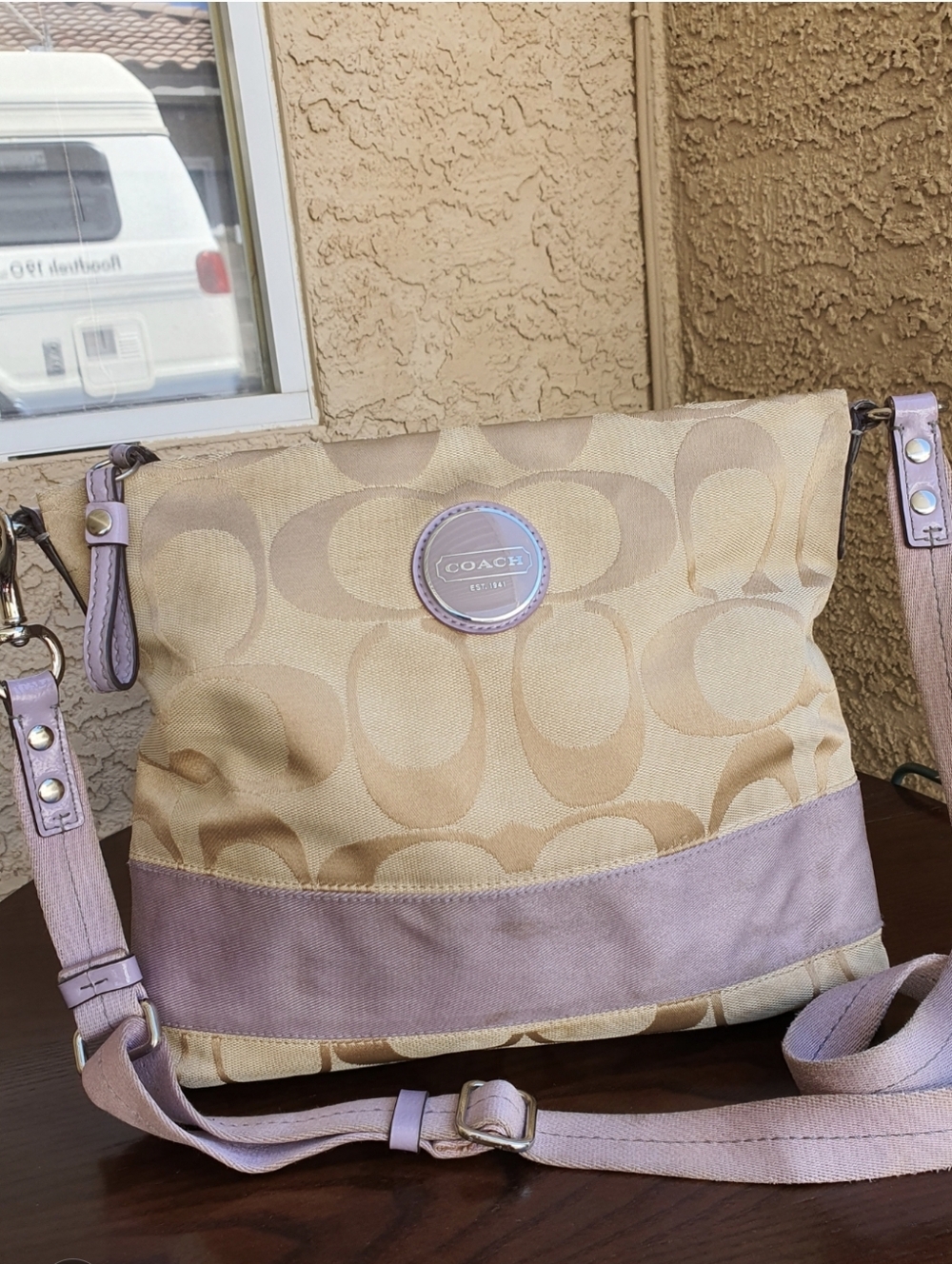 Coach Signature Stripe File Bag F17435 Crossbody Khaki Canvas & Lavender Leather